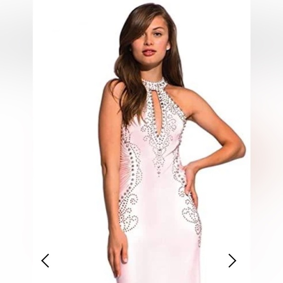 JOVANI ORIGINAL HANDMADE PINK&SILVER STUDDED RHINESTONES COUTURE LINE - Picture 1 of 16